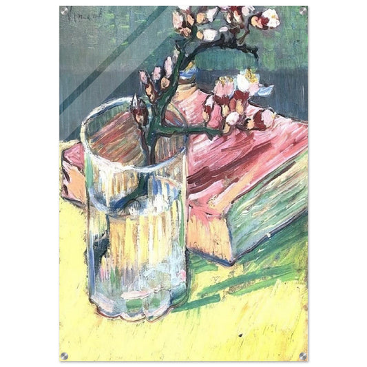 Blossoming Almond Branch in a Glass with a Book - Vincent van Gogh Acrylic Print - 70x100 cm / 28x40″ inches | Vincent van Gogh Wall Art | Vincent van Gogh Prints