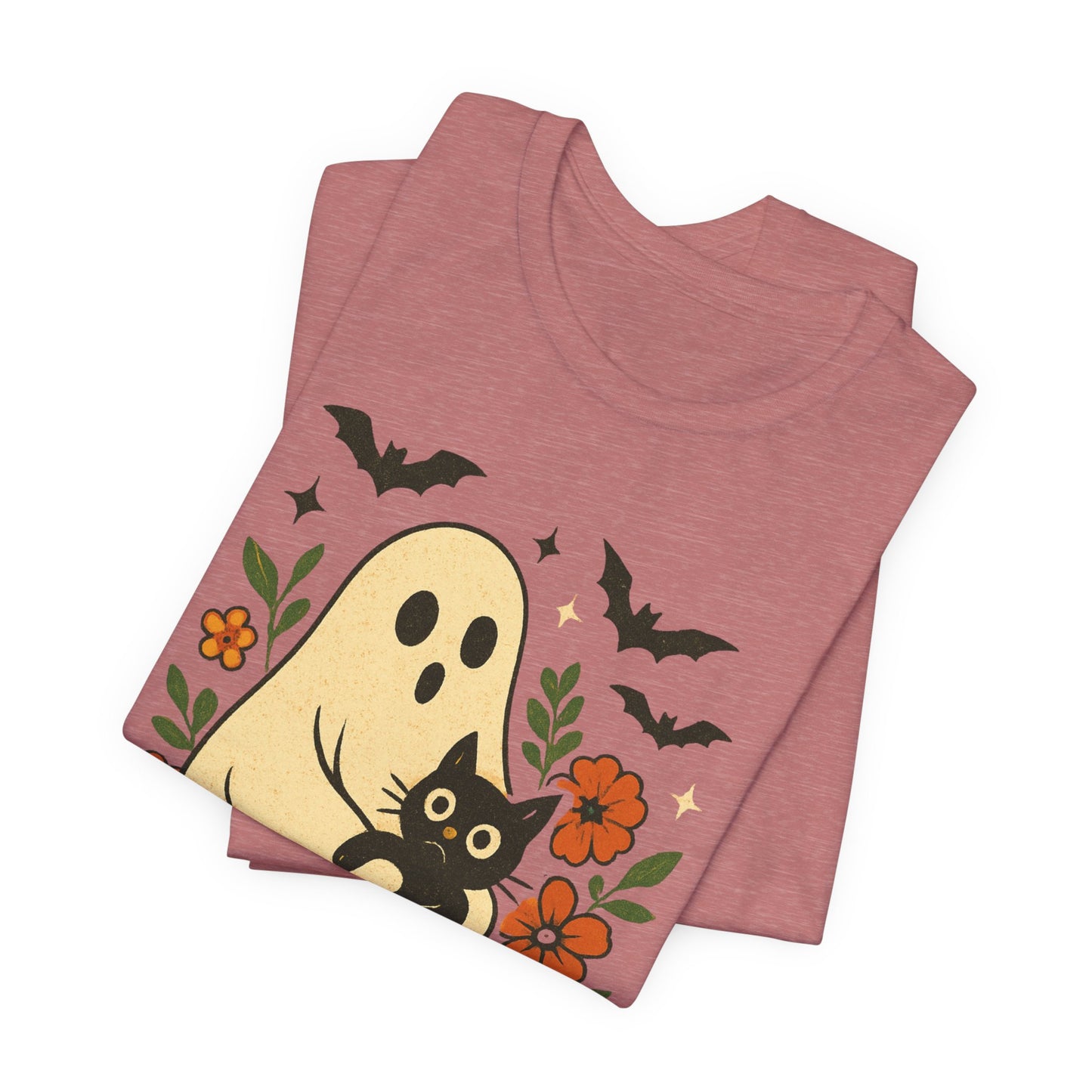 Fantasma Spettrale che tiene un Gatto Nero Fiori Groovy Halloween