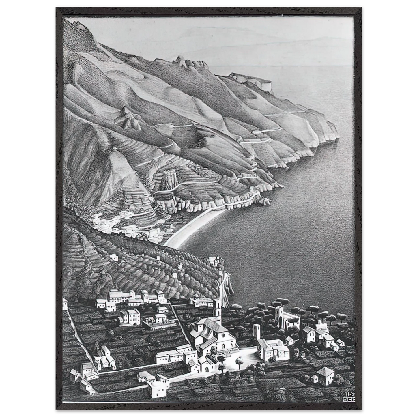 MC Escher - RAVELLO AND THE COAST OF AMALFI Wall Art - 60x80 cm / 24x32 inches - Premium Wooden Framed Poster With Fine Art Paper - White frame