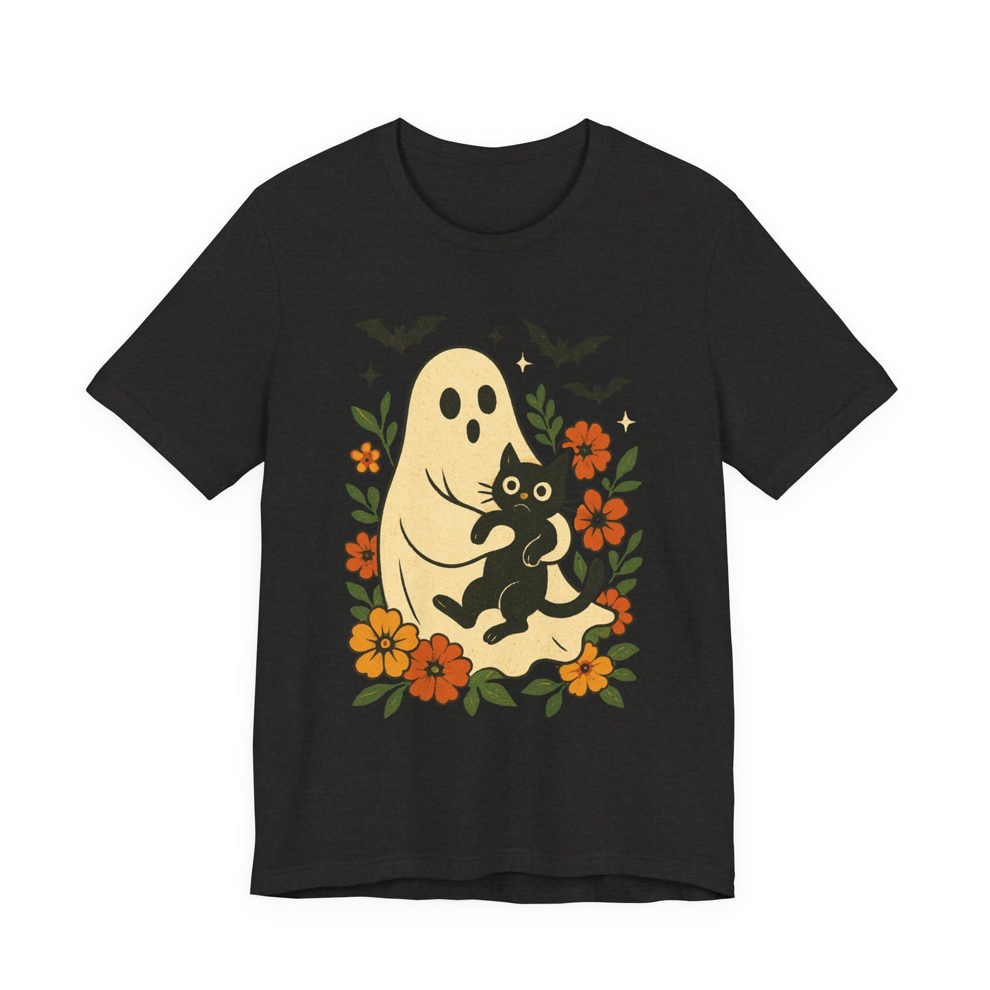 Fantasma Spettrale che tiene un Gatto Nero Fiori Groovy Halloween