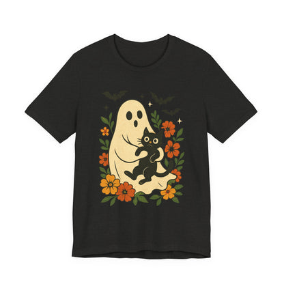 Fantasma Spettrale che tiene un Gatto Nero Fiori Groovy Halloween