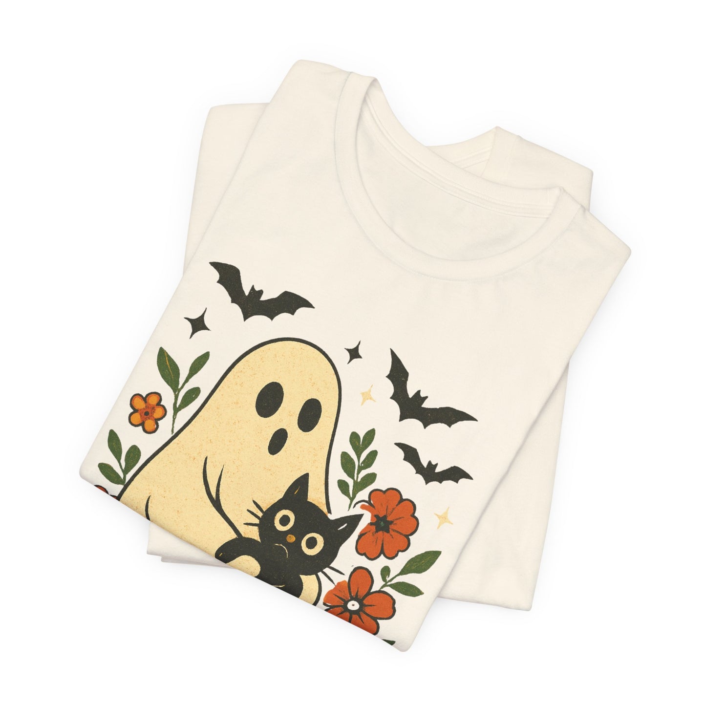 Fantasma Spettrale che tiene un Gatto Nero Fiori Groovy Halloween