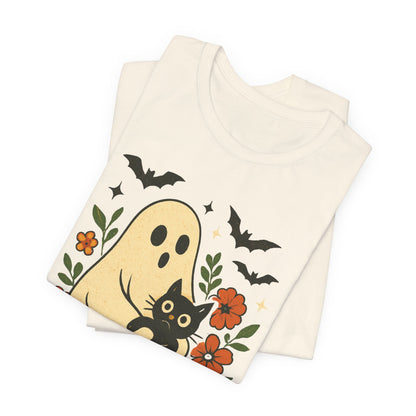 Fantasma Spettrale che tiene un Gatto Nero Fiori Groovy Halloween