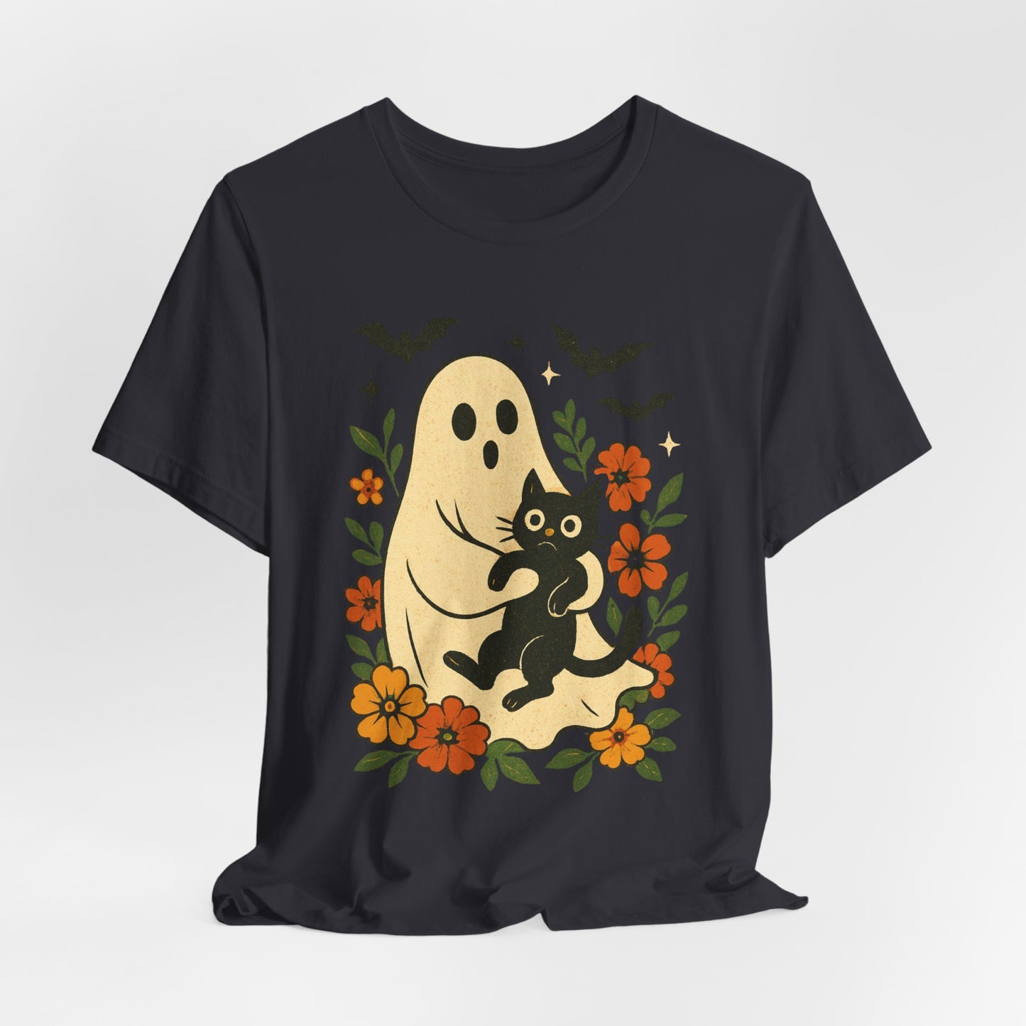 Fantasma Spettrale che tiene un Gatto Nero Fiori Groovy Halloween