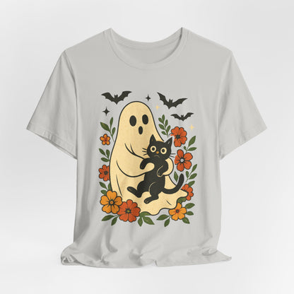 Fantasma Spettrale che tiene un Gatto Nero Fiori Groovy Halloween