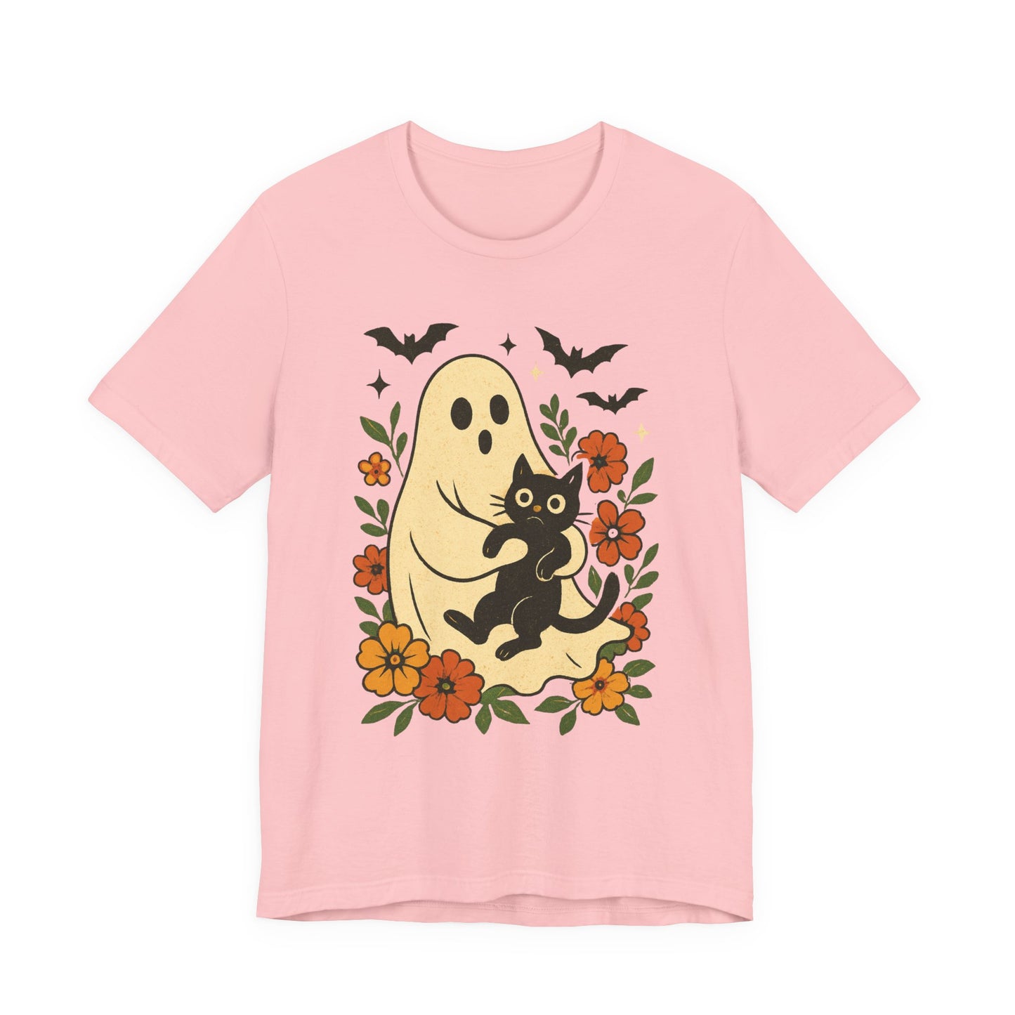 Fantasma Spettrale che tiene un Gatto Nero Fiori Groovy Halloween