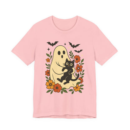 Fantasma Spettrale che tiene un Gatto Nero Fiori Groovy Halloween