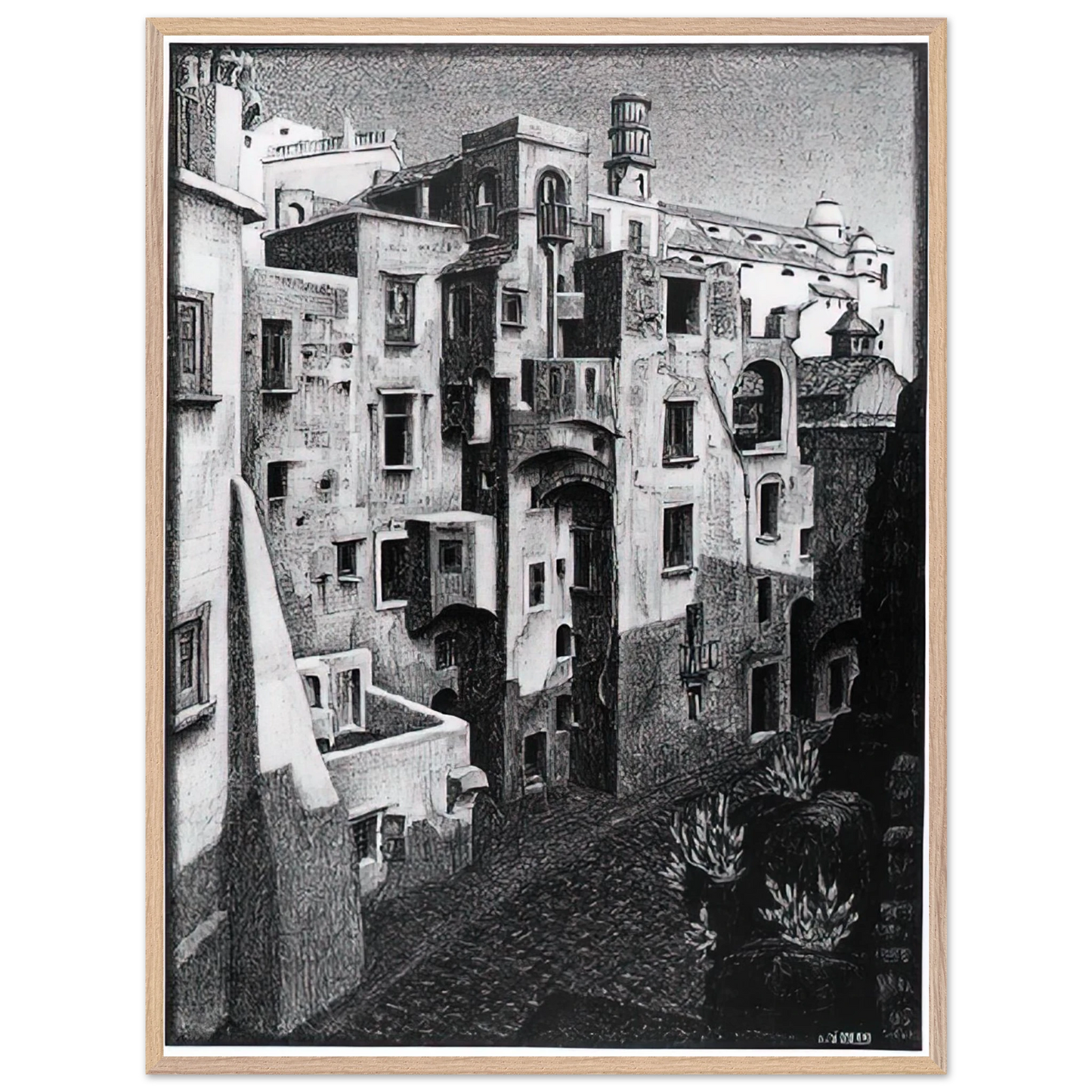 MC Escher - DILAPIDATED HOUSES IN ATRANI 1931 Wall Art - 30x40 cm / 12x16 inches - Premium Wooden Framed Poster With Fine Art Paper - Black frame