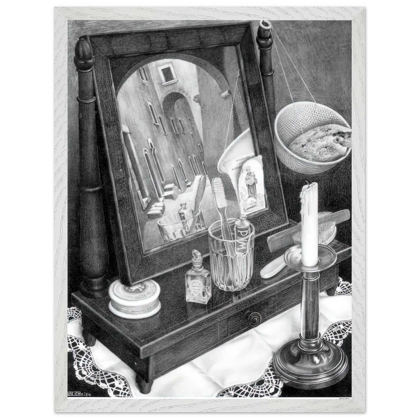 MC Escher - CANDLE MIRROR Wall Art - 30x40 cm / 12x16 inches - Premium Wooden Framed Poster With Fine Art Paper - White frame