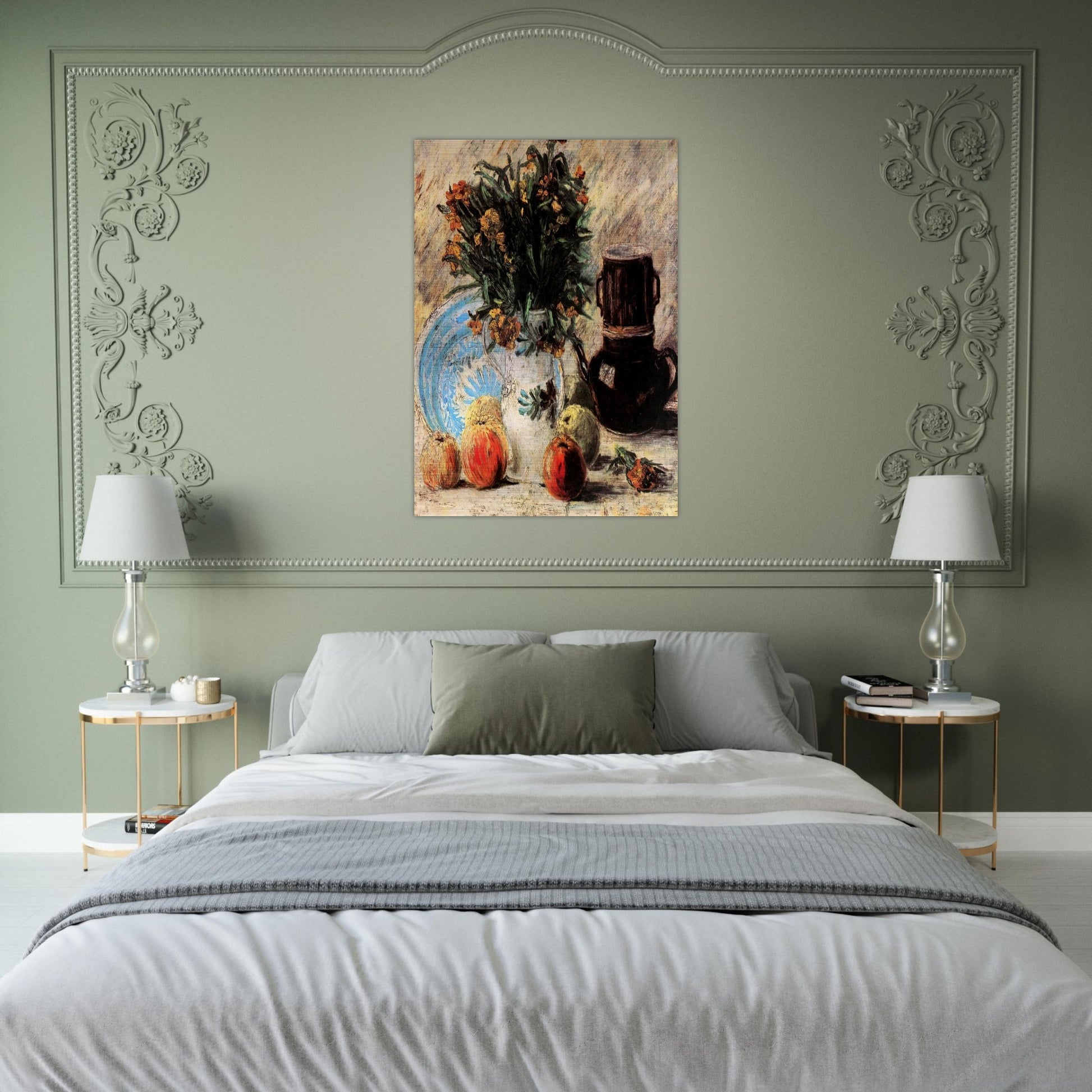 Vase with Flowers, Coffeepot and Fruit - Vincent van Gogh Brushed Aluminum Print - 70x100 cm / 28x40 inches | Vincent van Gogh Aluminum Print | Vincent van Gogh Prints