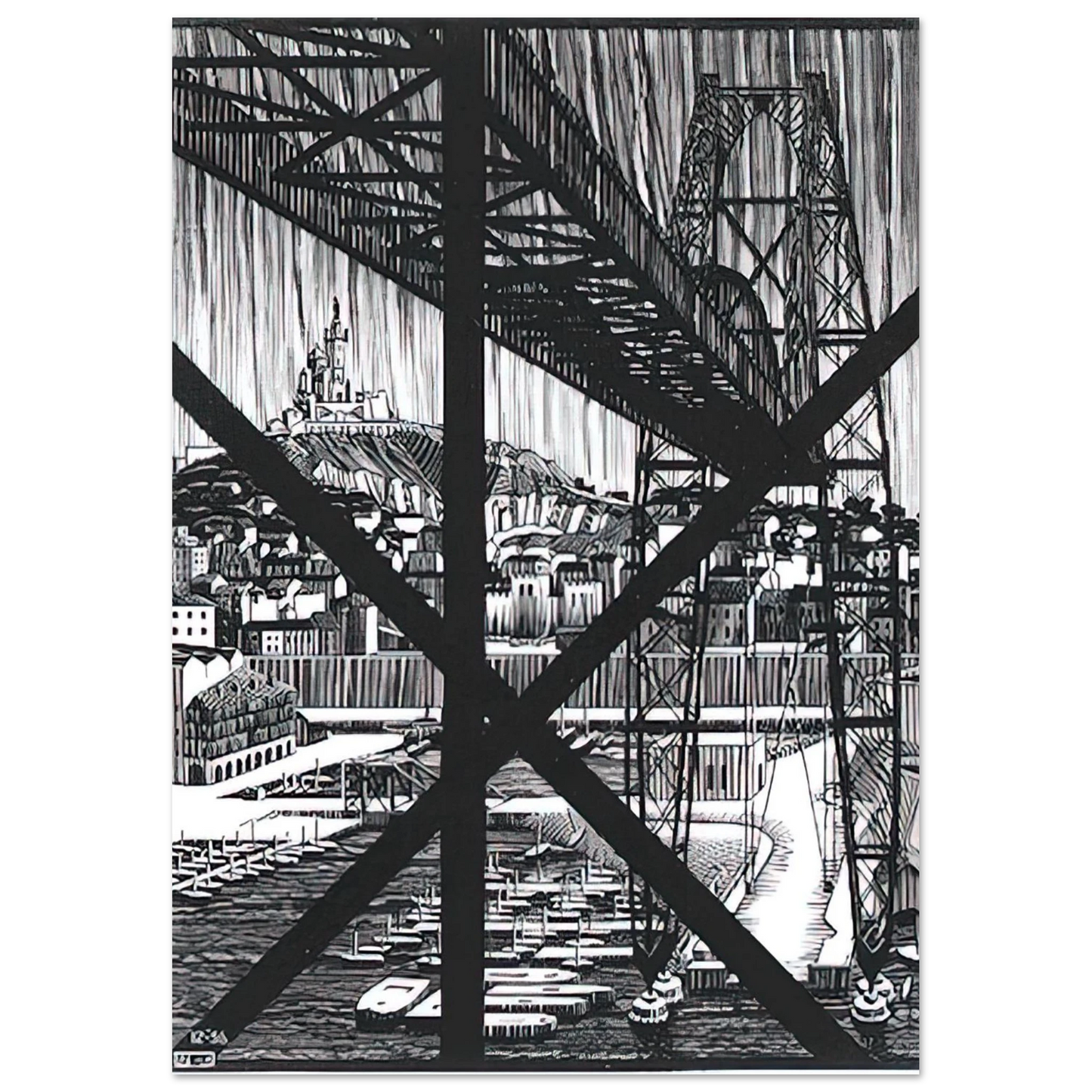 MC Escher - MARCEILLES DECEMBER 1936 1936 Wall Art - 21x29.7 cm / 8x12" - Premium Wooden Framed Poster With Fine Art Paper - White frame