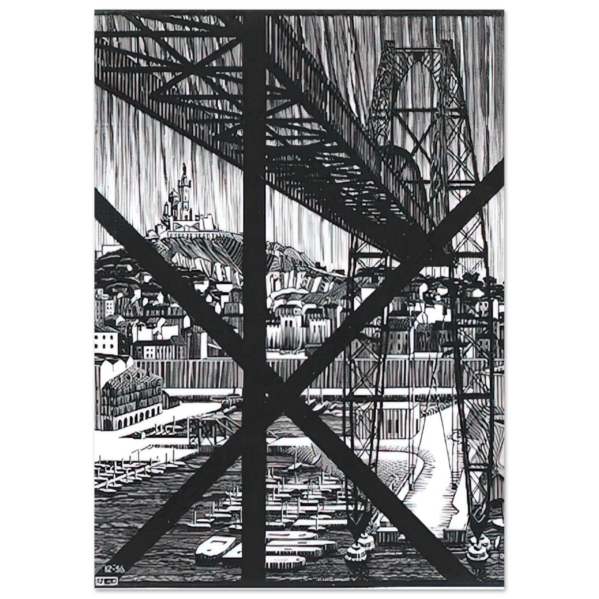 MC Escher - MARCEILLES DECEMBER 1936 1936 Wall Art - 21x29.7 cm / 8x12" - Premium Wooden Framed Poster With Fine Art Paper - White frame