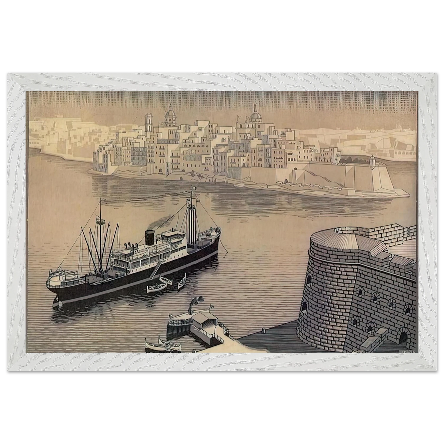 MC Escher - SENGELA MALTA Wall Art - 21x29.7 cm / 8x12" - Premium Wooden Framed Poster With Fine Art Paper - White frame