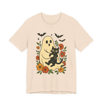 Fantasma Spettrale che tiene un Gatto Nero Fiori Groovy Halloween