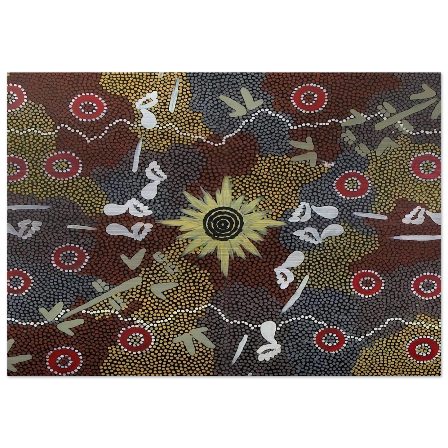 Frog and Kangaroo Dreaming - Native Art - Clifford Possum Tjapaltjarri Brushed Aluminum Print - 70x100 cm / 28x40 inches | Clifford Possum Tjapaltjarri Aluminum Print | Clifford Possum Tjapaltjarri Prints