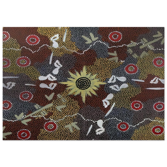 Frog and Kangaroo Dreaming - Native Art - Clifford Possum Tjapaltjarri Brushed Aluminum Print - 70x100 cm / 28x40 inches | Clifford Possum Tjapaltjarri Aluminum Print | Clifford Possum Tjapaltjarri Prints