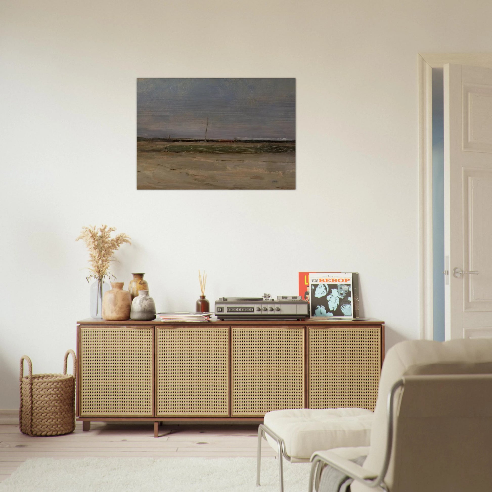 Polder Landscape with a Train and a Small Windmill on the Horizon - Piet Mondrian Brushed Aluminum Print - 70x100 cm / 28x40 inches | Piet Mondrian Aluminum Print | Piet Mondrian Prints