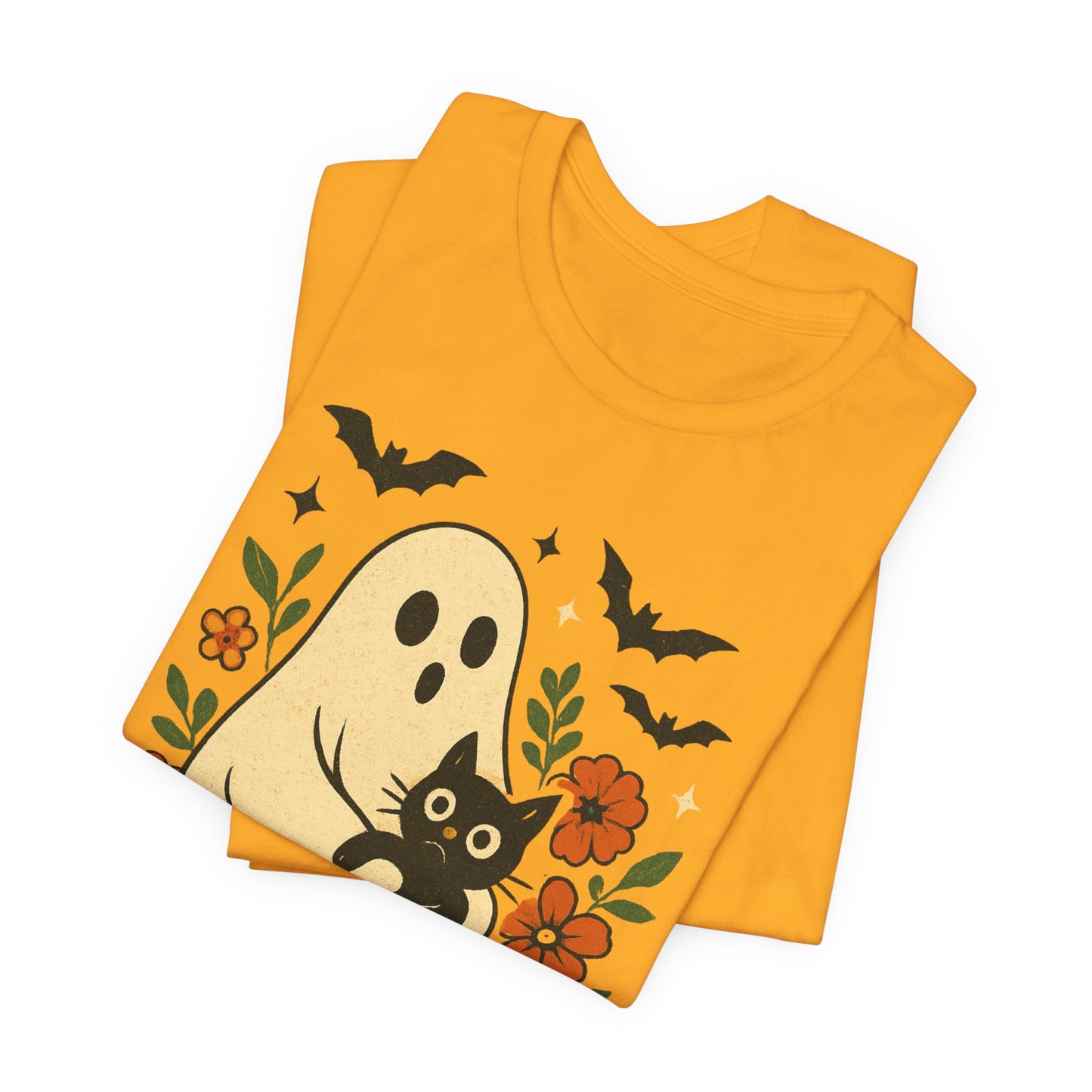 Fantasma Spettrale che tiene un Gatto Nero Fiori Groovy Halloween