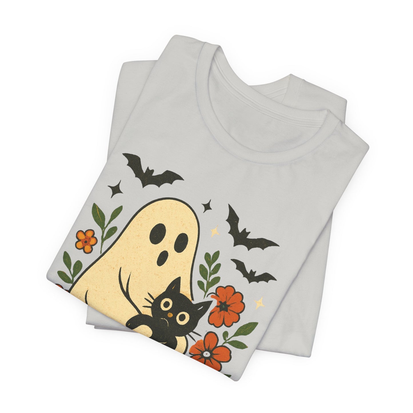 Fantasma Spettrale che tiene un Gatto Nero Fiori Groovy Halloween