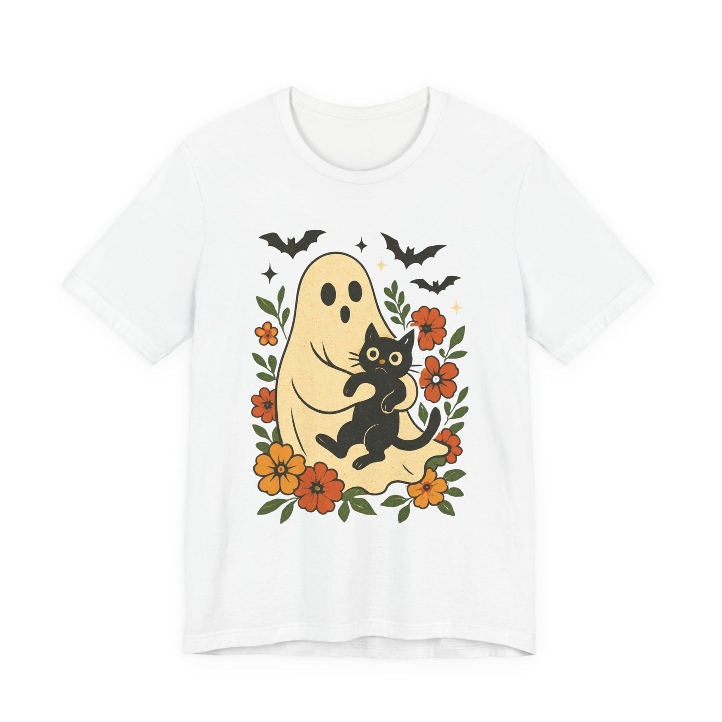 Fantasma Spettrale che tiene un Gatto Nero Fiori Groovy Halloween