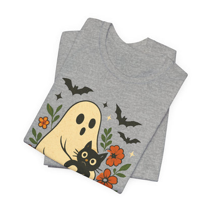 Fantasma Spettrale che tiene un Gatto Nero Fiori Groovy Halloween