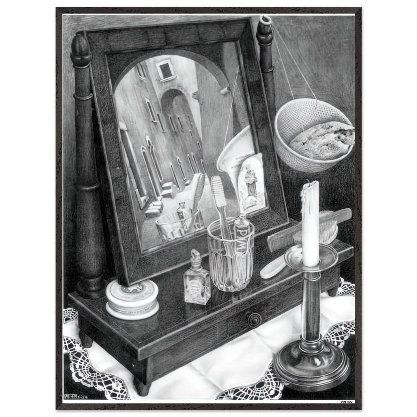 MC Escher - CANDLE MIRROR Wall Art - 30x40 cm / 12x16 inches - Premium Wooden Framed Poster With Fine Art Paper - Black frame