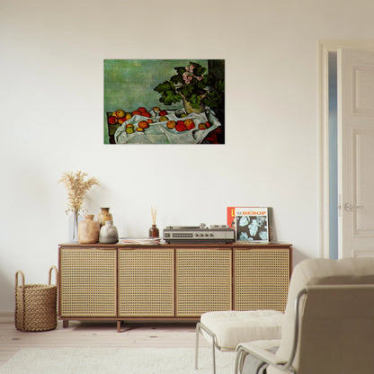 Still Life with Apples and a Pot of Primroses - Paul Cézanne Brushed Aluminum Print - 70x100 cm / 28x40 inches | Paul Cézanne Aluminum Print | Paul Cézanne Prints