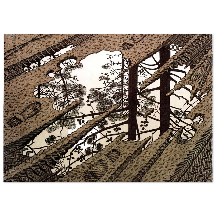 MC Escher - PUDDLE Wall Art - 21x29.7 cm / 8x12" - Premium Wooden Framed Poster With Fine Art Paper - White frame