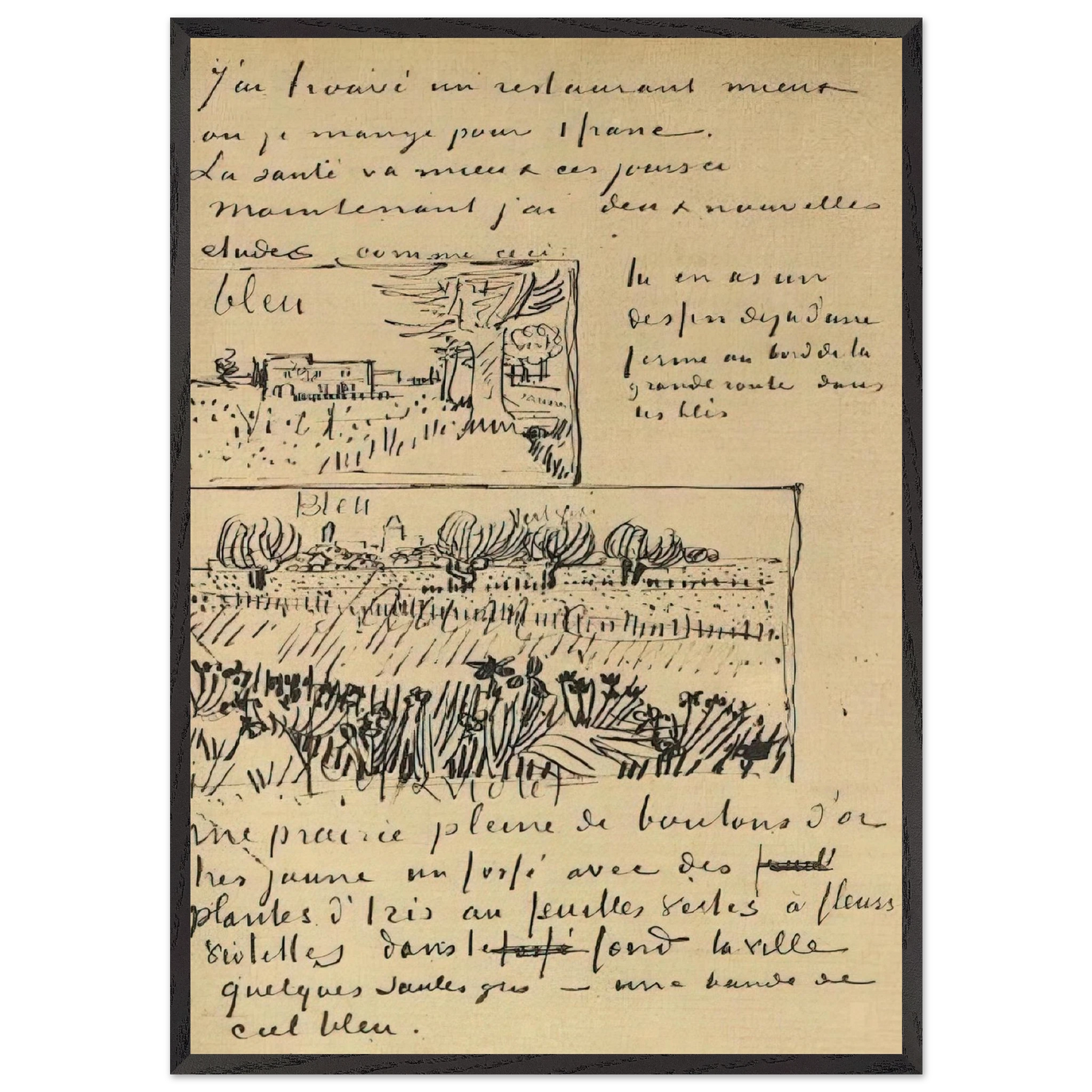 Farmhouse with Wheat Field along a Road and Field with Flowers - Vincent van Gogh Framed Art Print – Black Wooden Frame - Default Title - -Framed Art Print