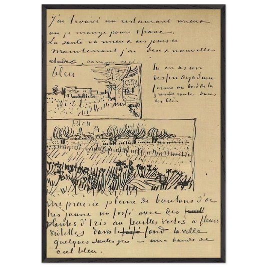 Farmhouse with Wheat Field along a Road and Field with Flowers - Vincent van Gogh 70x100 cm / 28x40 inches Framed Art Print – Black Wooden Frame