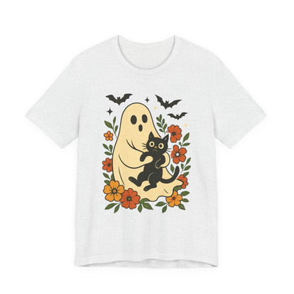 Fantasma Spettrale che tiene un Gatto Nero Fiori Groovy Halloween
