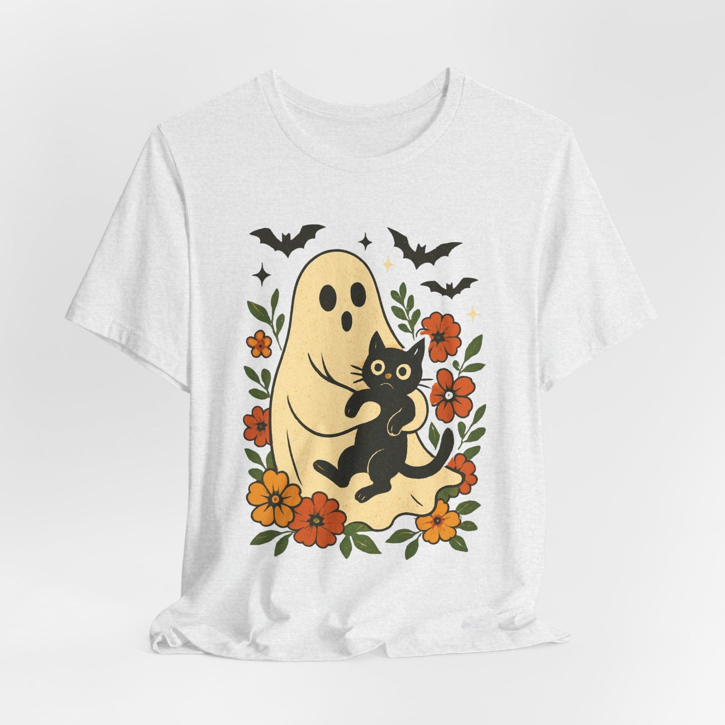 Fantasma Spettrale che tiene un Gatto Nero Fiori Groovy Halloween