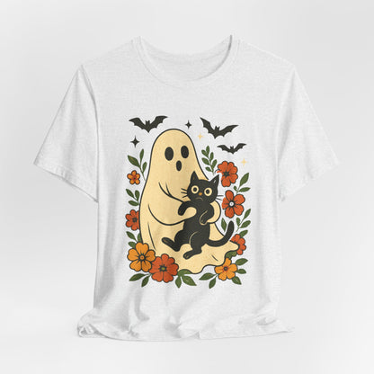 Fantasma Spettrale che tiene un Gatto Nero Fiori Groovy Halloween
