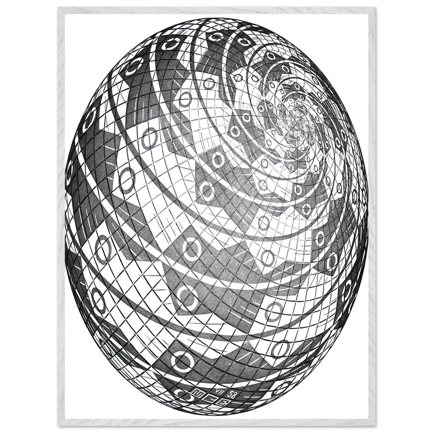 MC Escher - SPHERE SURFACE WITH FISHES Wall Art - 30x40 cm / 12x16 inches - Premium Wooden Framed Poster With Fine Art Paper - White frame