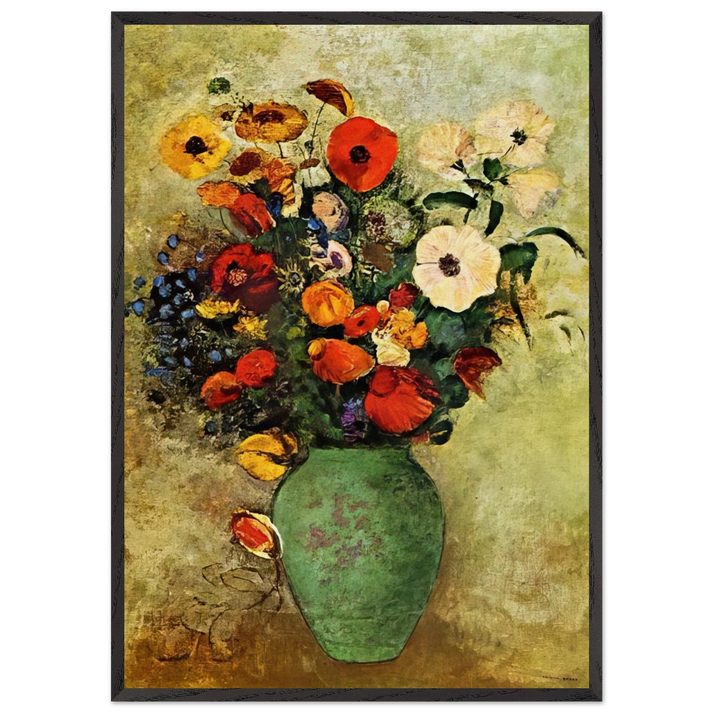 BOUQUET OF FLOWERS IN A GREEN VASE - Odilon Redon 70x100 cm / 28x40 inches Framed Art Print – Black Wooden Frame