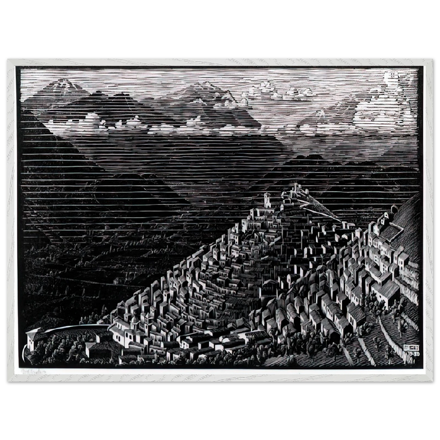 MC Escher - MORANO CALABRIA Wall Art - 30x40 cm / 12x16 inches - Premium Wooden Framed Poster With Fine Art Paper - White frame