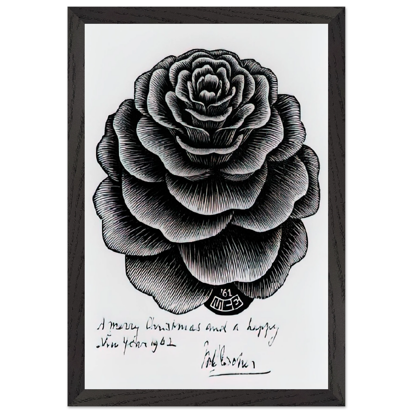 MC Escher - MERRY CHRISTMAS HAPPY NEW YEAR Wall Art - 21x29.7 cm / 8x12" - Premium Wooden Framed Poster With Fine Art Paper - Black frame