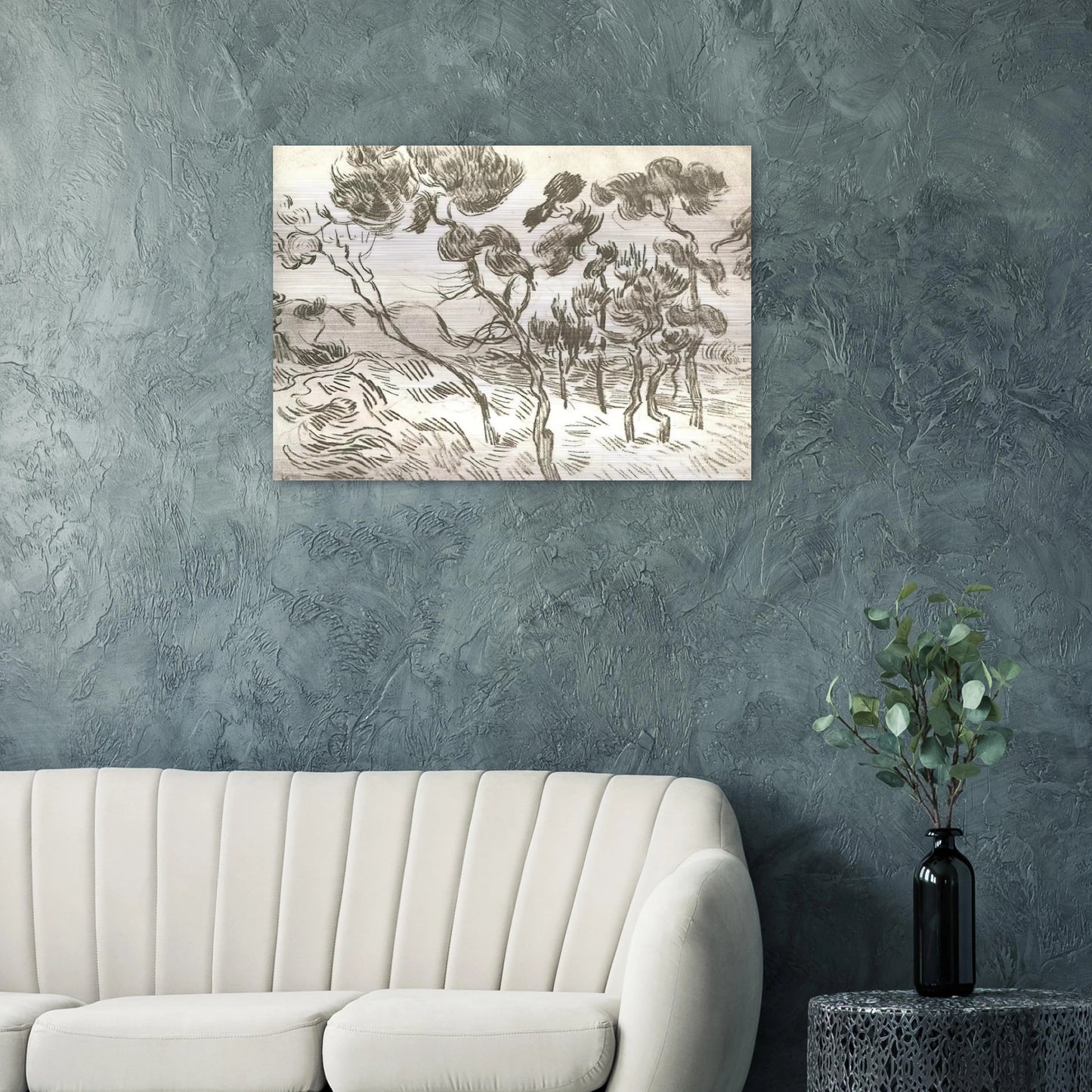 A Group of Pine Trees near a House - Vincent van Gogh Brushed Aluminum Print - 70x100 cm / 28x40 inches | Vincent van Gogh Aluminum Print | Vincent van Gogh Prints
