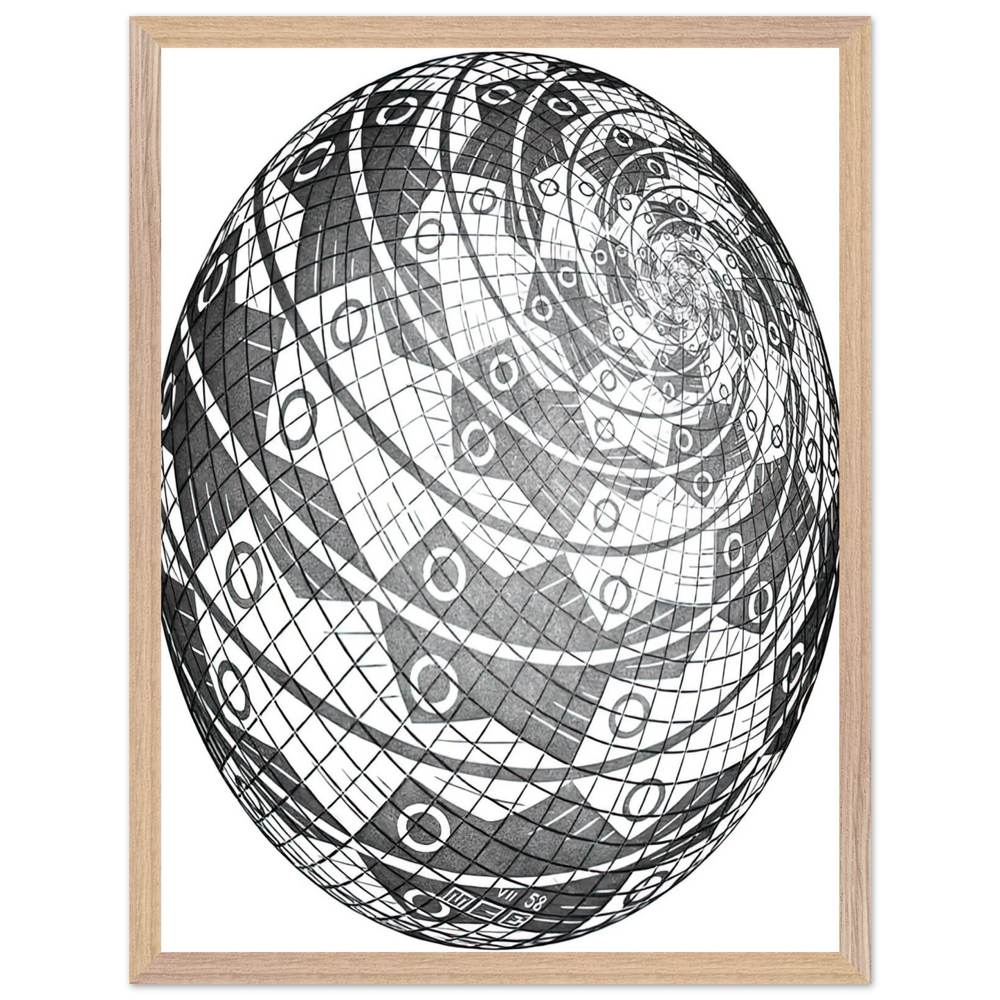 MC Escher - SPHERE SURFACE WITH FISHES Wall Art - 21x29.7 cm / 8x12" - Premium Wooden Framed Poster With Fine Art Paper - White frame