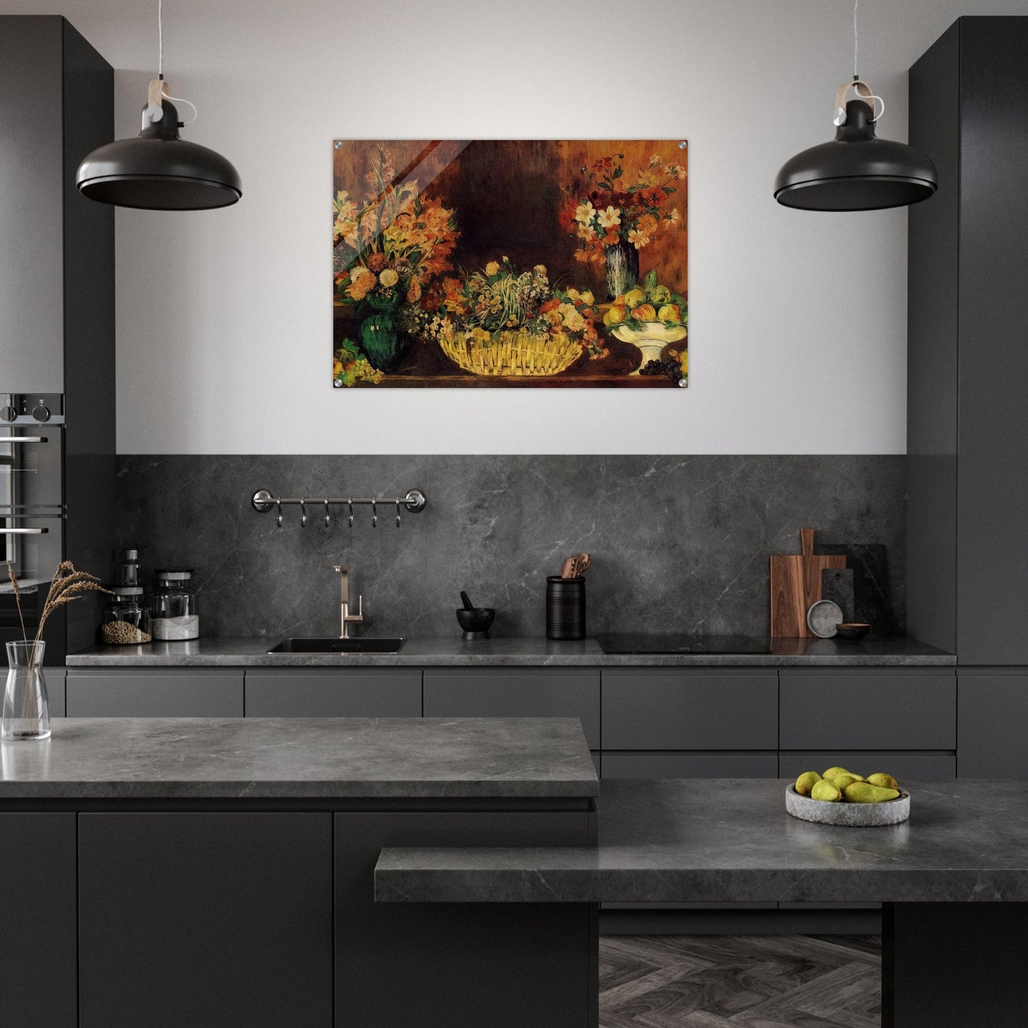 Vase, Basket of Flowers and Fruit - Pierre-Auguste Renoir Acrylic Print - 70x100 cm / 28x40″ inches | Pierre-Auguste Renoir Wall Art | Pierre-Auguste Renoir Prints