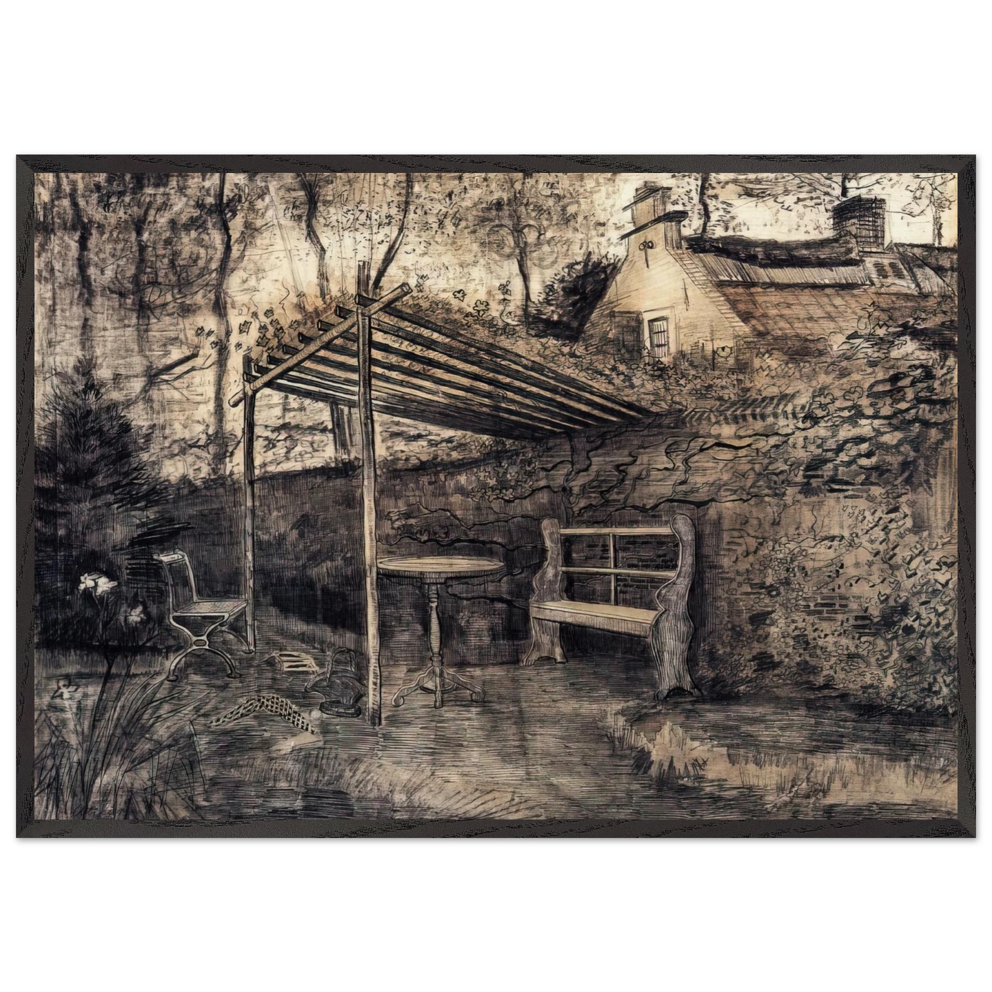 The Garden of the Parsonage with Arbor - Vincent van Gogh Framed Art Print – Black Wooden Frame - Default Title - -Framed Art Print