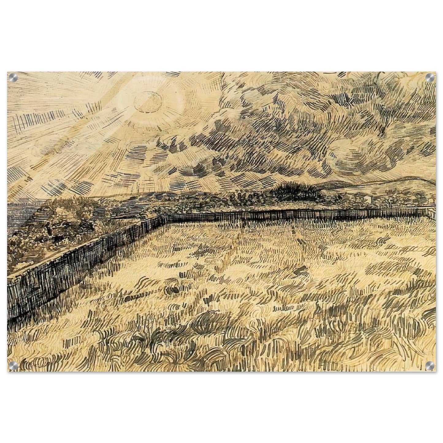 Wheat field with sun and cloud - Vincent van Gogh Acrylic Print - 70x100 cm / 28x40″ inches