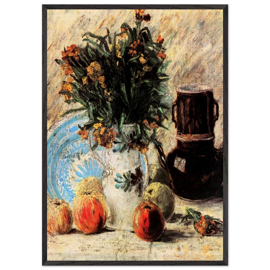 Wall artVase with Flowers Coffeepot and Fruit - Vincent van Gogh 70x100 cm / 28x40 inches Framed Art Print – Black Wooden Frame