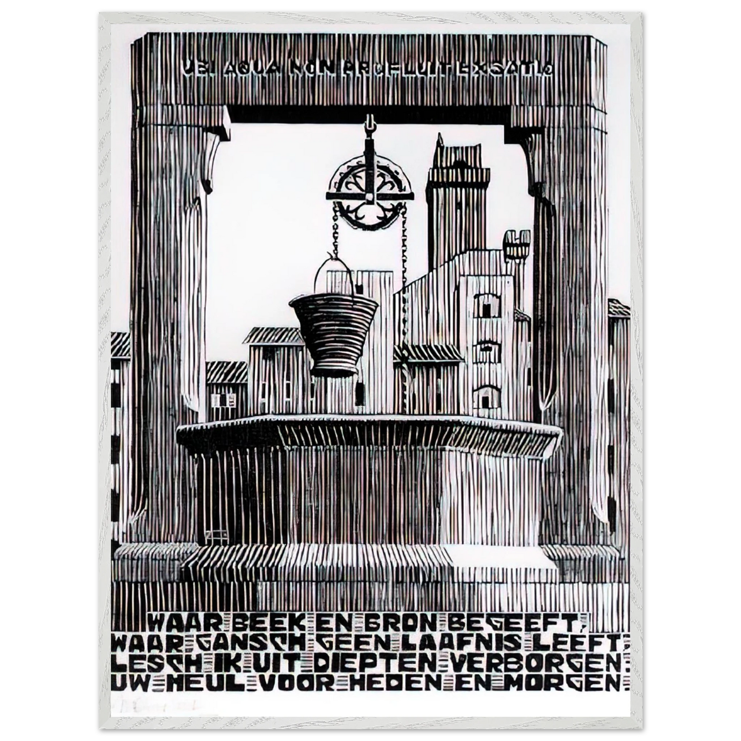MC Escher - EMBLEMATA WELL Wall Art - 21x29.7 cm / 8x12" - Premium Wooden Framed Poster With Fine Art Paper - Black frame