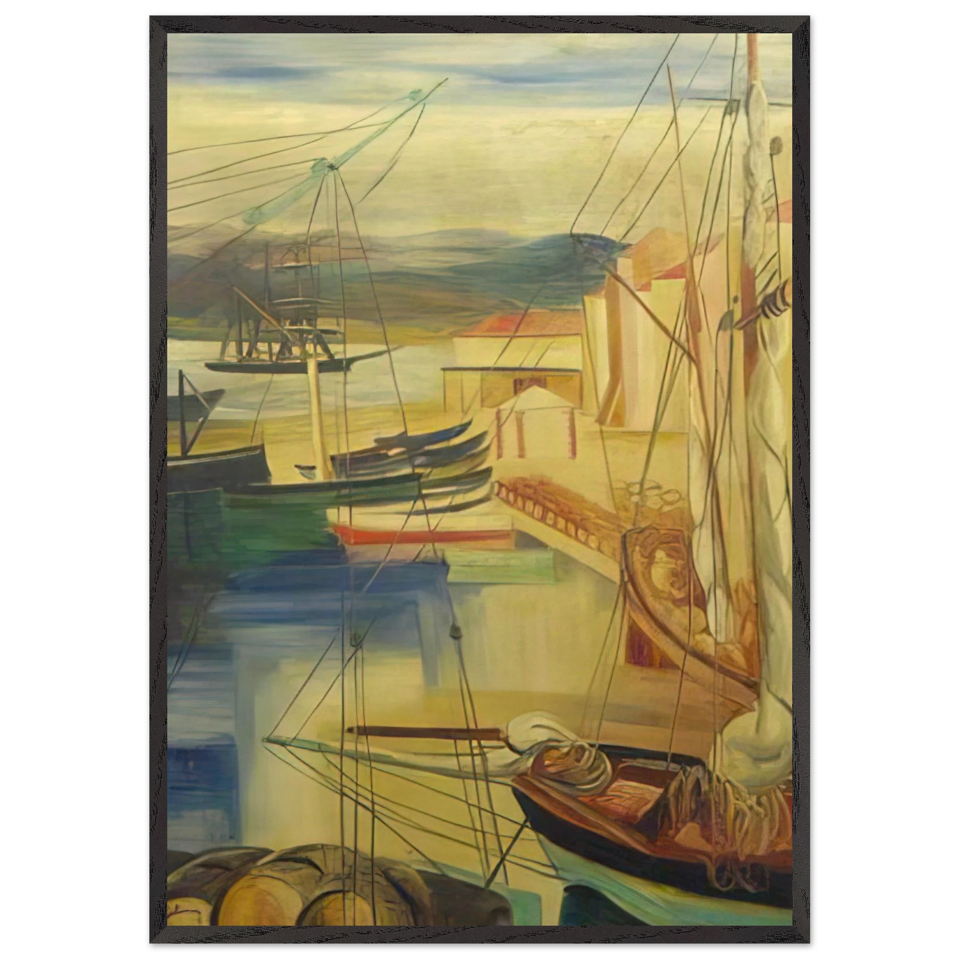 SHIPS MOORED ALONG THE DOCKS - Moise Kisling Framed Art Print – Black Wooden Frame - Default Title - -Framed Art Print