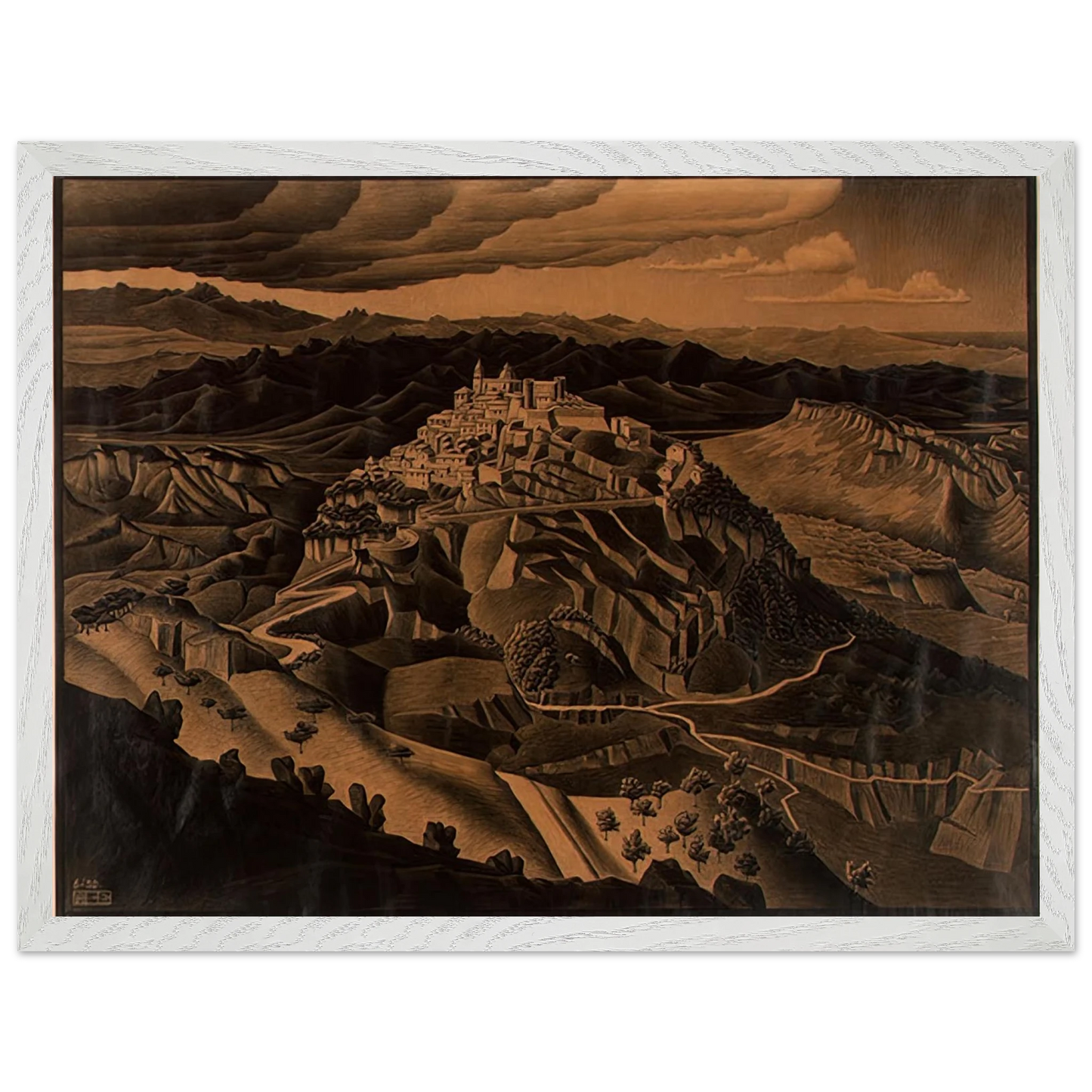MC Escher - ITALIAN TOWN Wall Art - 21x29.7 cm / 8x12" - Premium Wooden Framed Poster With Fine Art Paper - Black frame