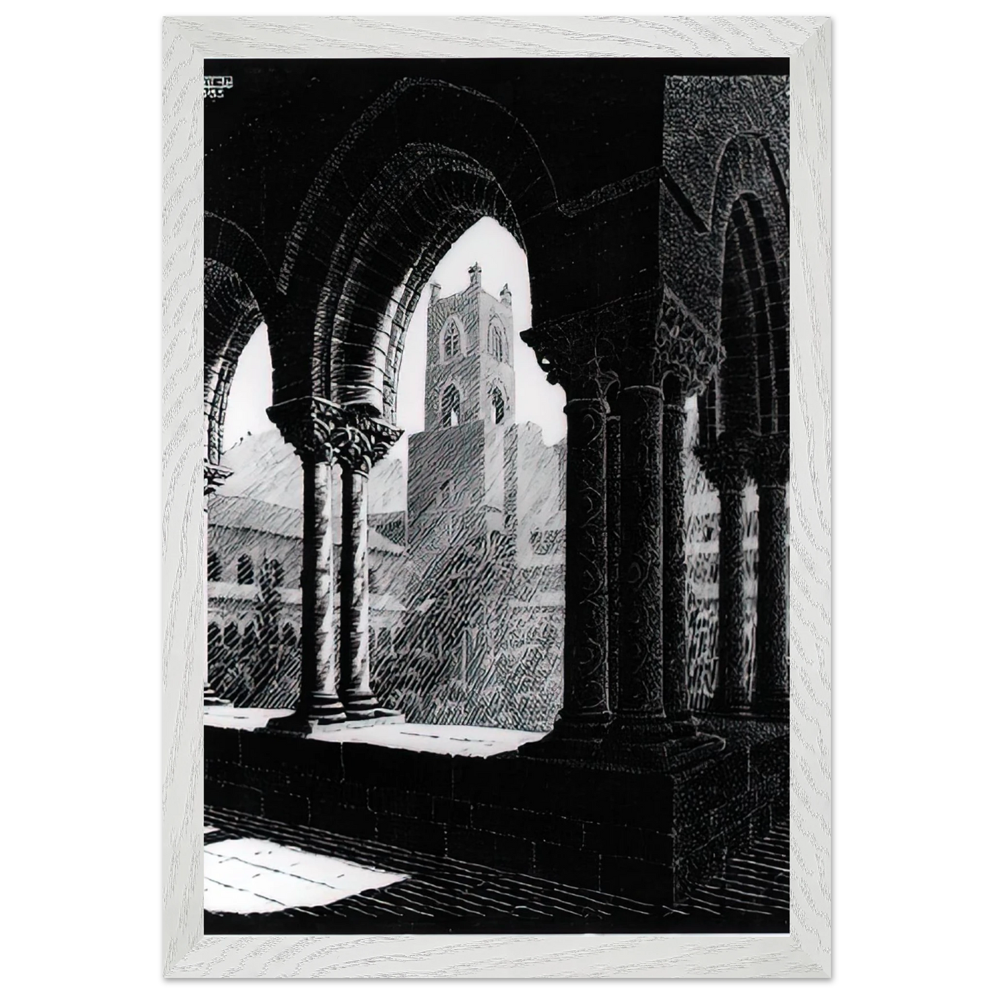 MC Escher - CLOISTER OF MONREALE SICILY Wall Art - 21x29.7 cm / 8x12" - Premium Wooden Framed Poster With Fine Art Paper - Black frame