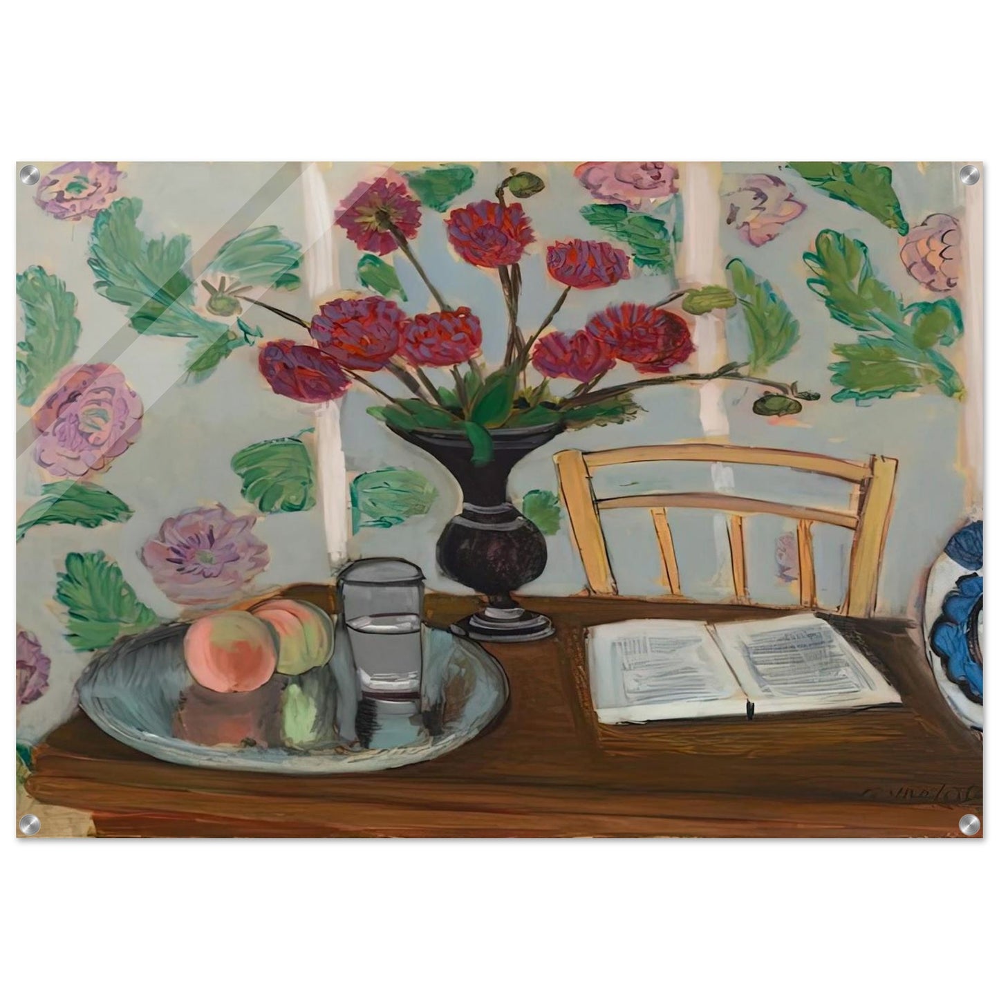 STILL LIFE BOUQUET OF DAHLIAS AND WHITE BOOK 1923 - Henri Matisse Acrylic Print - 70x100 cm / 28x40″ inches | Henri Matisse Wall Art | Henri Matisse Prints