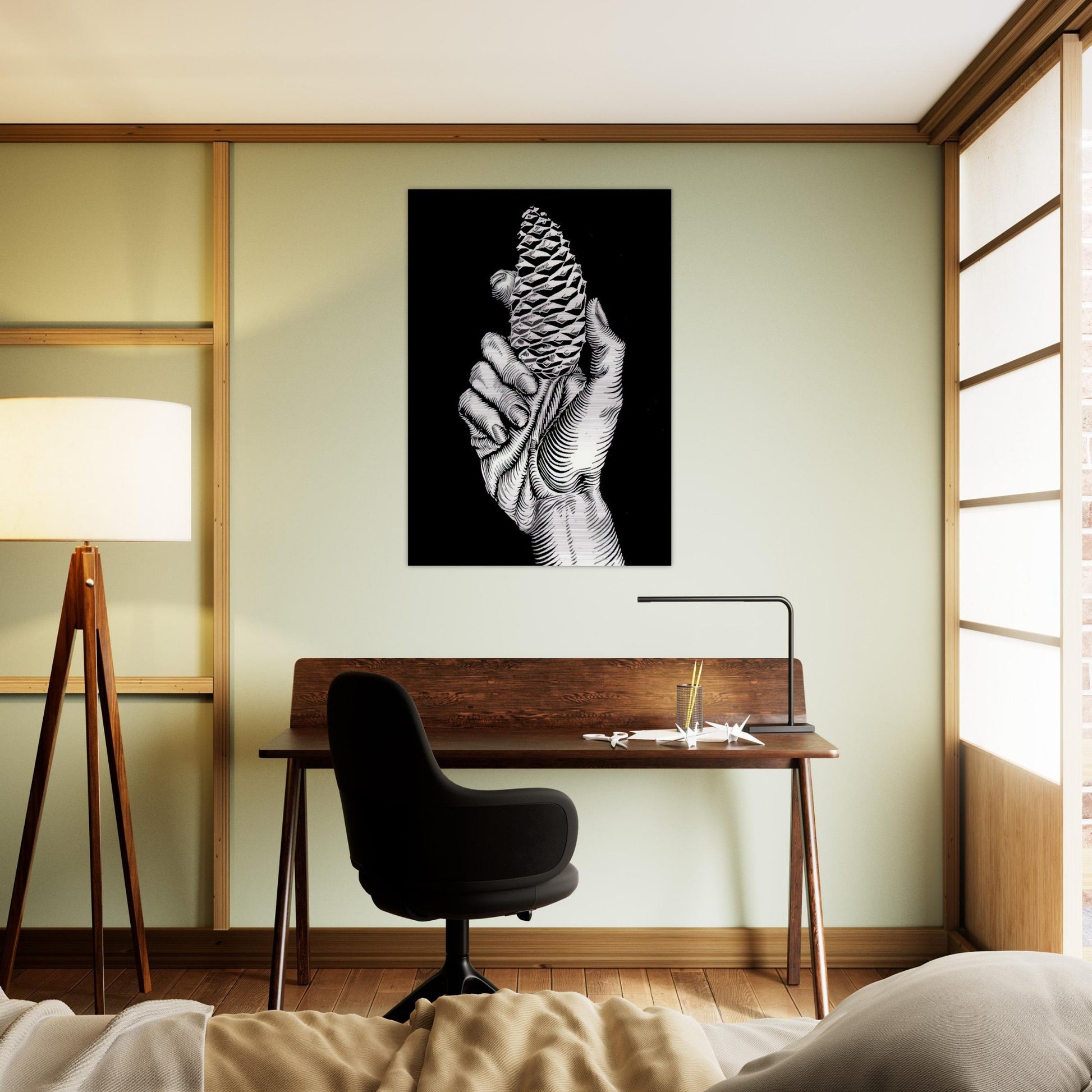 HAND WITH FIR CONE - MC Escher Brushed Aluminum Print - 70x100 cm / 28x40 inches | MC Escher Aluminum Print | MC Escher Prints