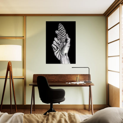 HAND WITH FIR CONE - MC Escher Brushed Aluminum Print - 70x100 cm / 28x40 inches | MC Escher Aluminum Print | MC Escher Prints